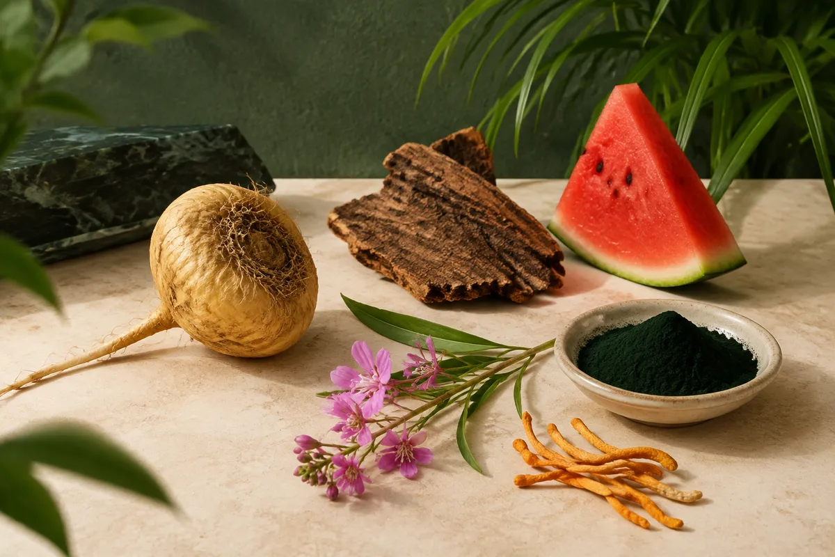 Muira puama, Maca, Epilobio, Sandía, Citrulina malato, Espirulina, Cordyceps