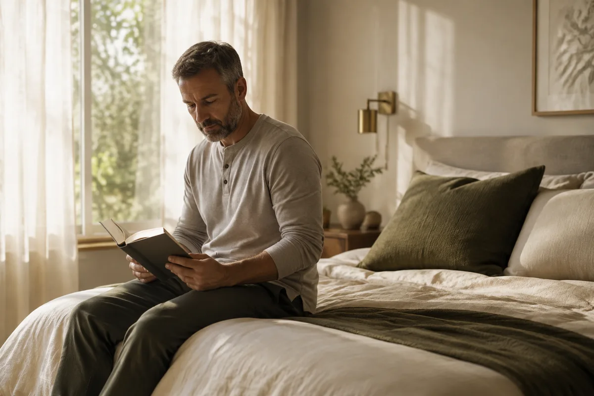 Hombre leyendo en la recámara