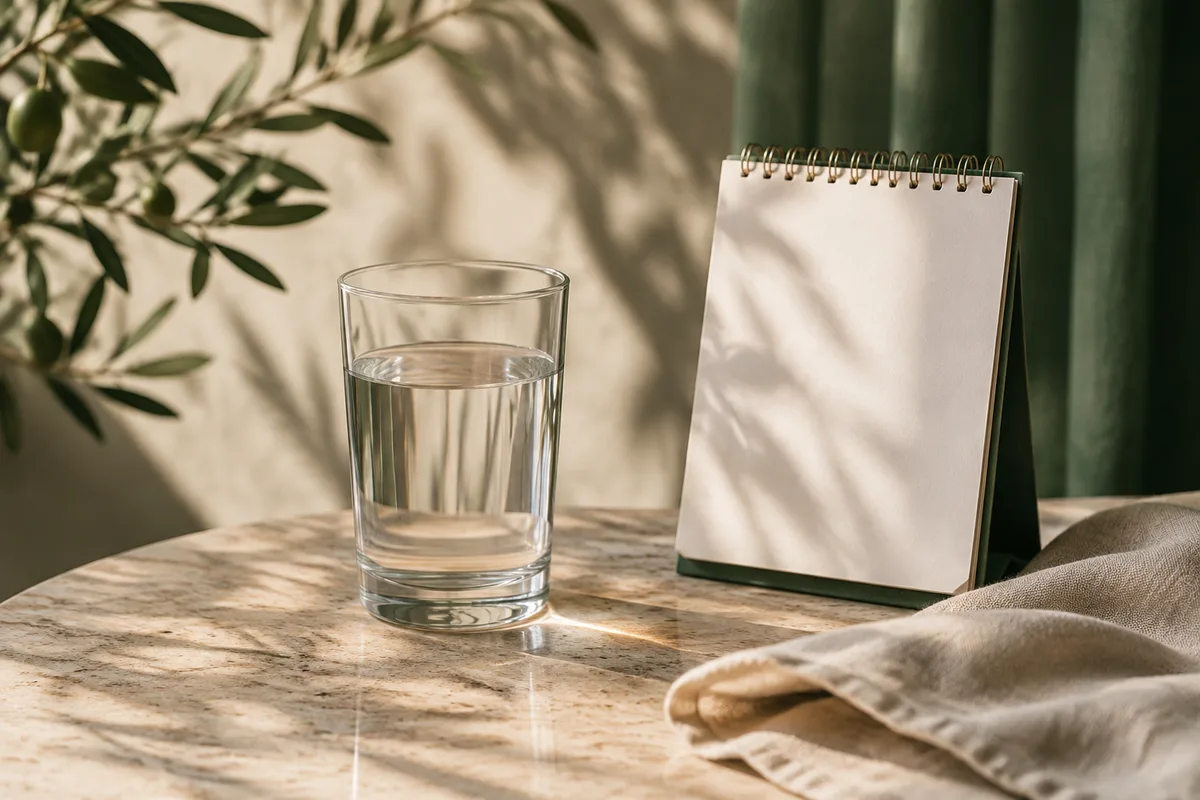 Vaso de agua y calendario para la rutina